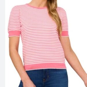 Cece - Women's Short sleeve Pearl Back Stripe Sweater. Size XL. Pink and white